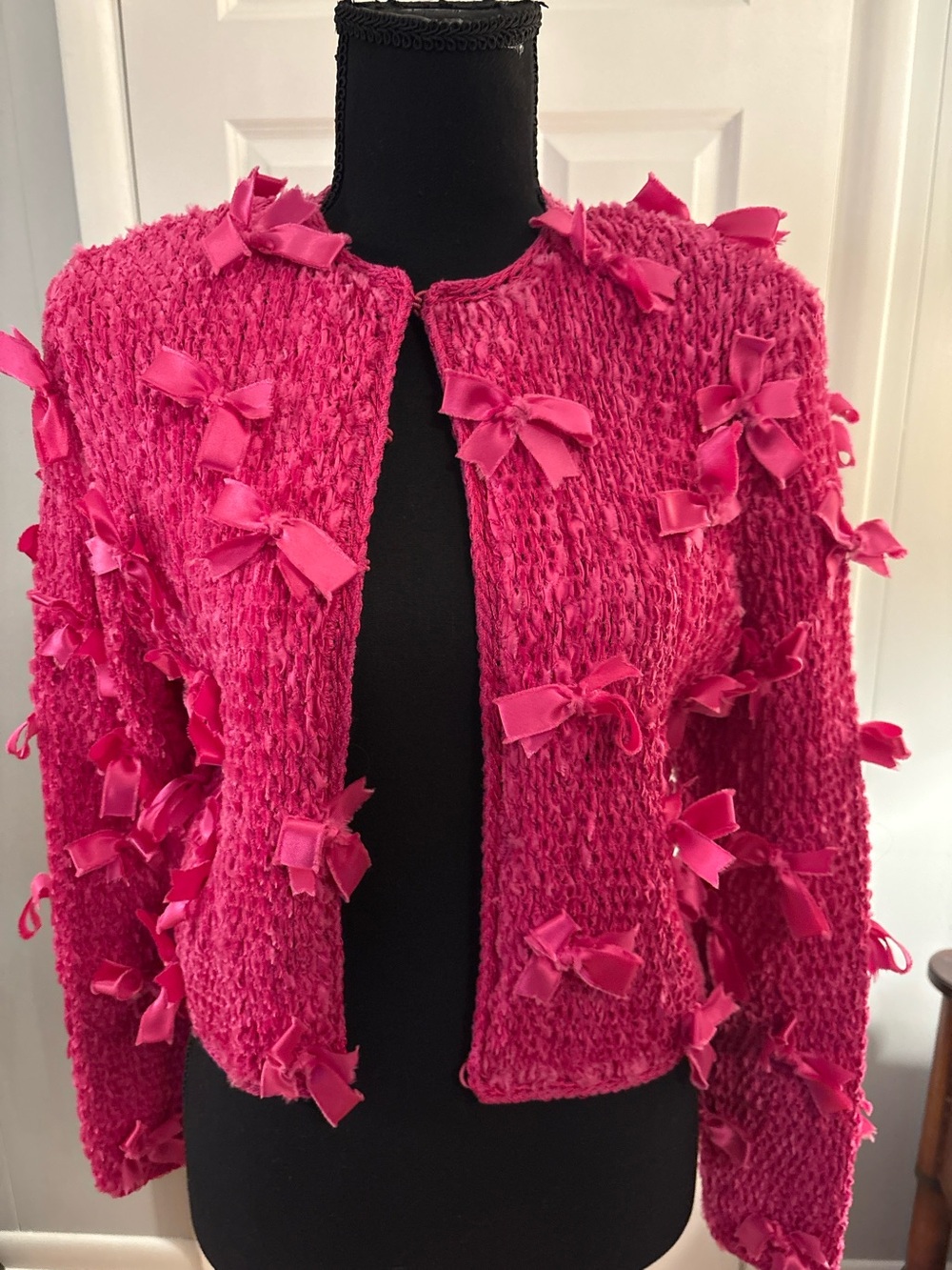 Vintage Estelle Hot Pink Ribbon Bow Open Cardigan